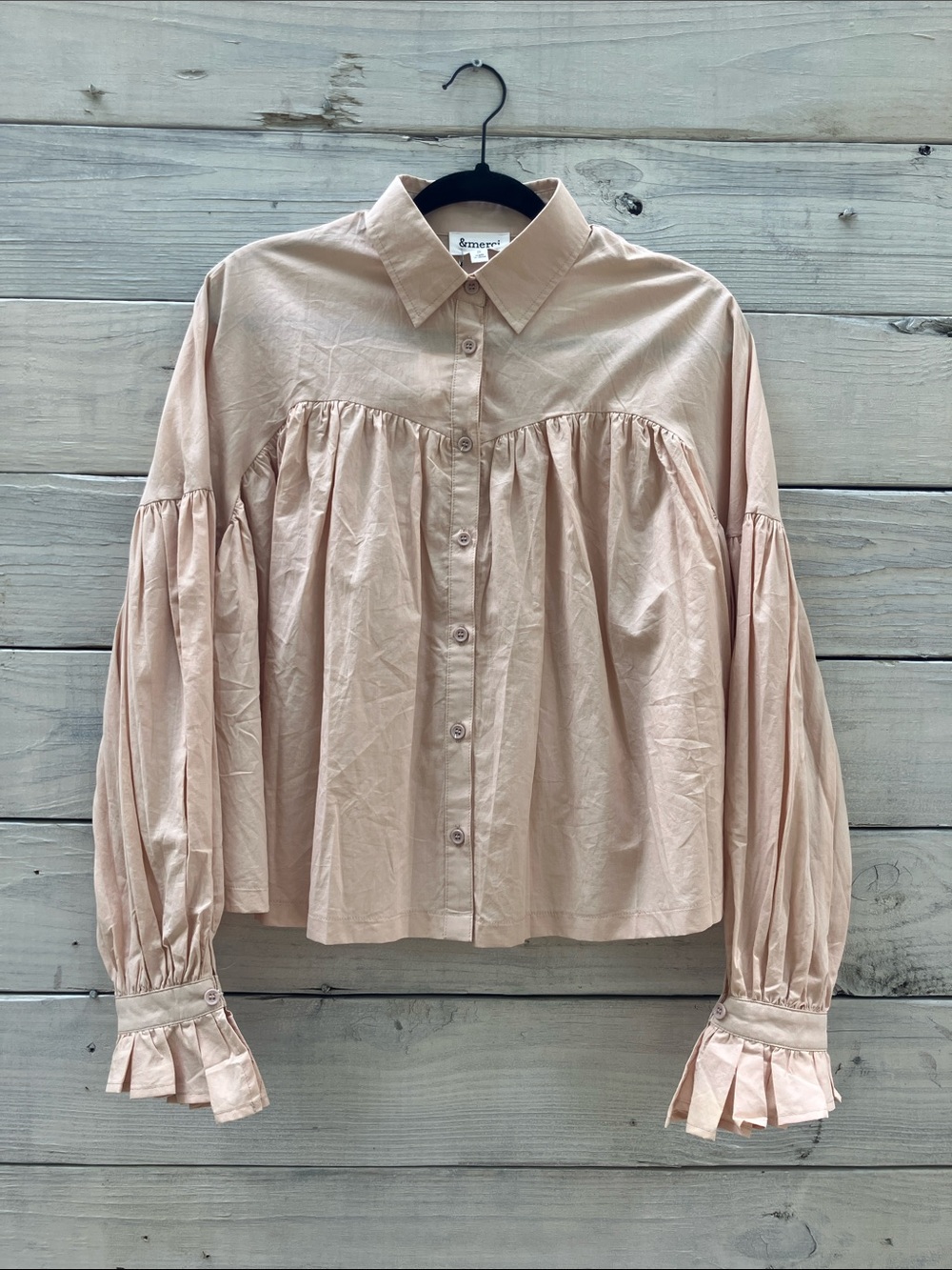 NWT &Merci Peachy Cream Ruffle-Cuff Button Down Shirt - Oversized Peasant Style